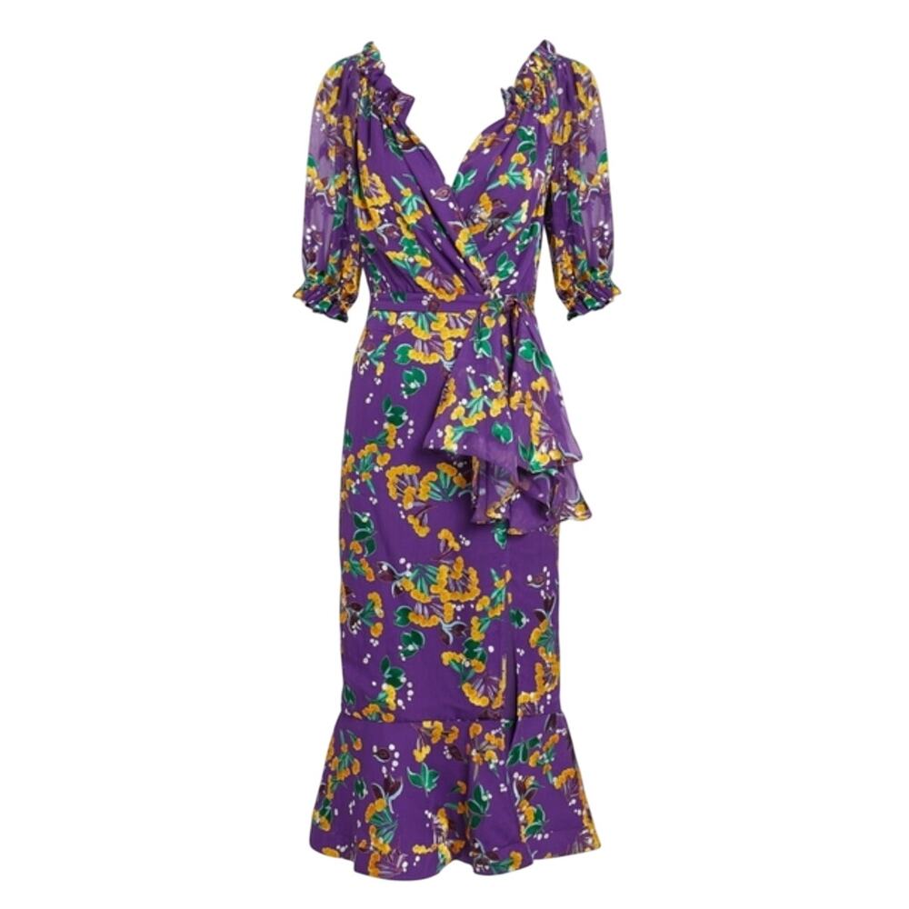 Saloni Purple Floral Olivia Silk Midi Dress Size 4